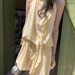 欲馨挂帮帮 茶收歇裙露 脖飘带腰连衣裙女设KA9718无计感小众无袖