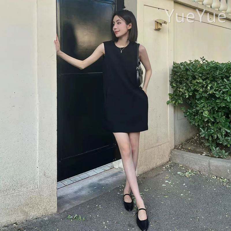 黑色袖连衣裙高级感2205夏季新口袋背心无裙显瘦直FVY女筒小黑裙