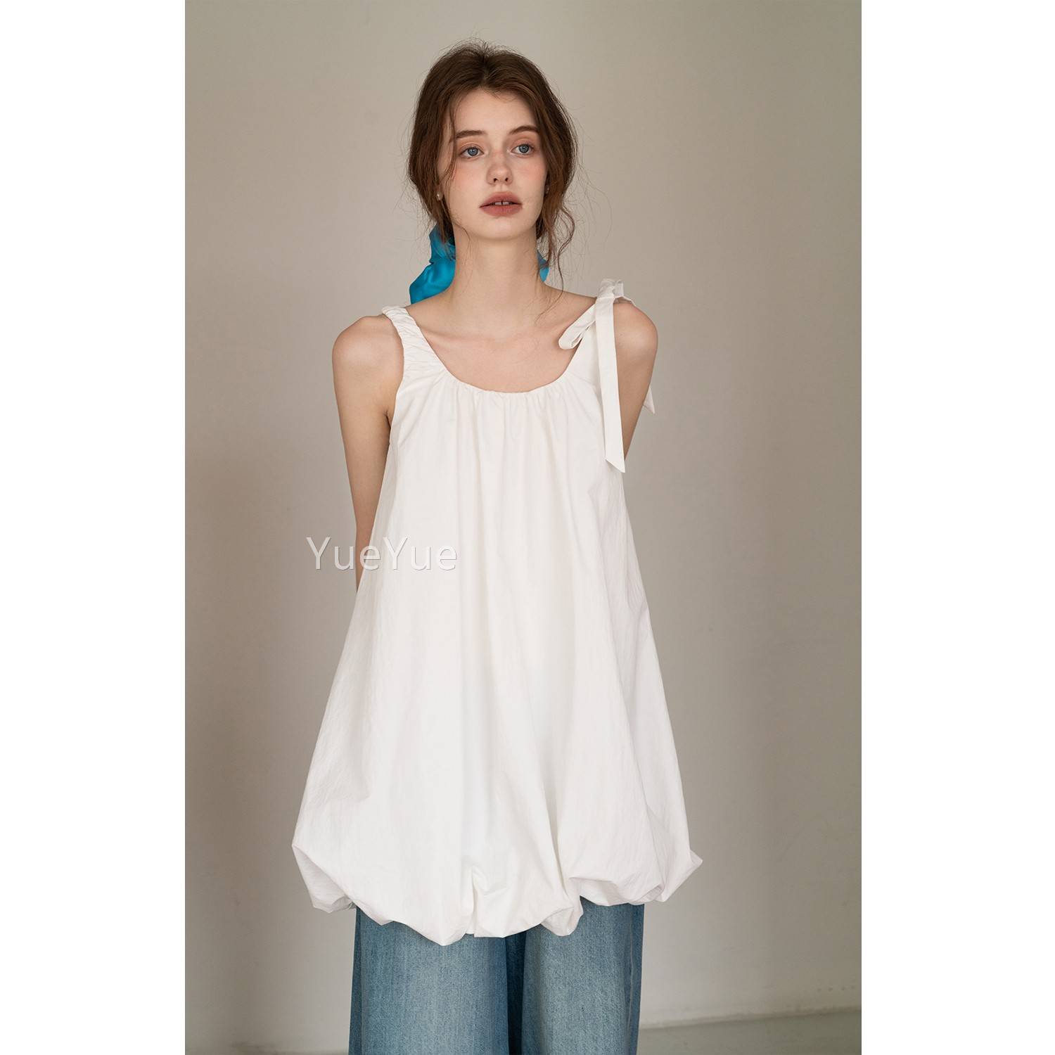 EGGKA系带白色裙减花苞连衣E25D1028无袖法夏龄式小个子遮肉显瘦