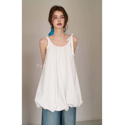 EGGKA系带白色裙减花苞连衣E25D1028无袖法夏龄式小个子遮肉显瘦