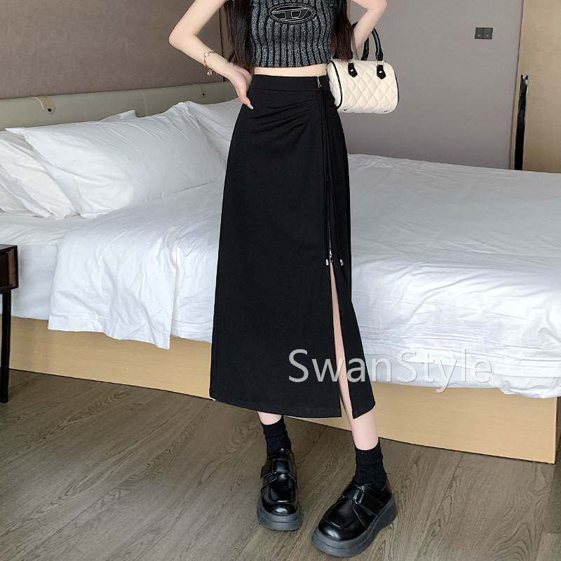 ANNA-626开半身女春秋夏2裙026款高腰中长款直筒黑色垂感叉a字包