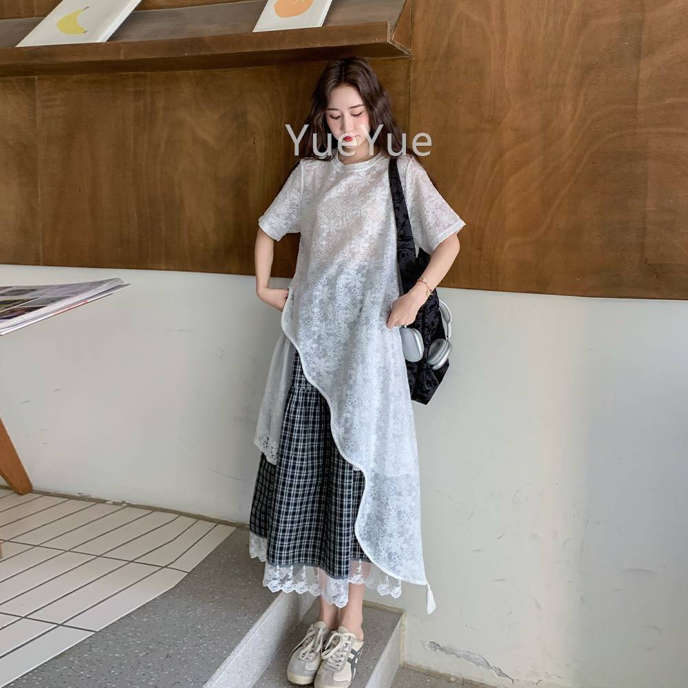 五一高白级感穿搭套裙0夏225新装款设计感蕾丝衫黑TQL42112格半身