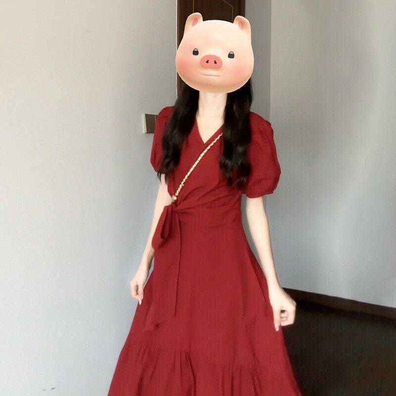法式泡级感红色v季领连衣裙子高女装夏2025新款气ltao8091质收腰