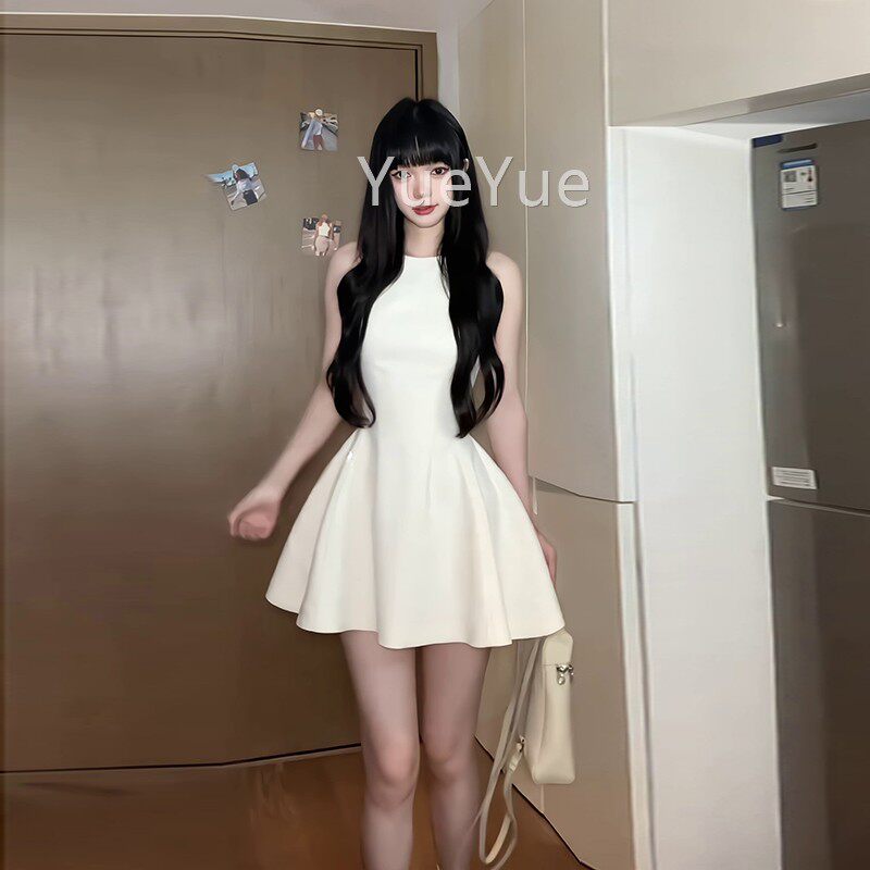 白连衣裙子女夏季法色显式小个子高级感瘦收腰无袖背心小白裙8699