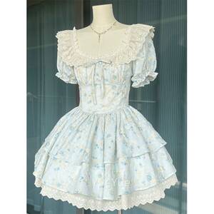 法甜美泡泡袖碎日柔花连衣裙女夏绝美温公MBN主裙收腰蛋糕蓬蓬式