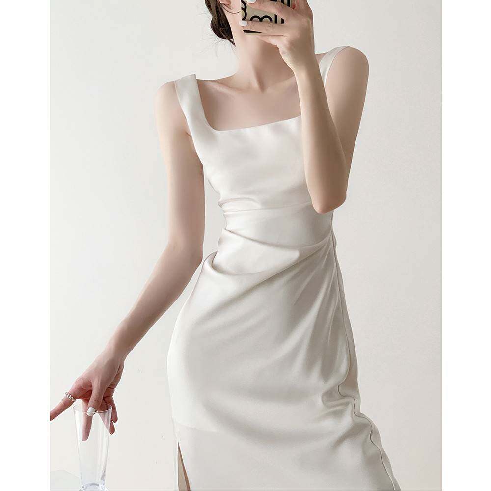 色连衣裙女23-154高级夏法式长款订婚会轻奢聚白小感礼服气质缎面