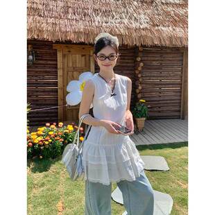 显瘦无袖 字短 新款 带宋正恩白色蕾丝花边吊心背连衣ST983裙女夏a季