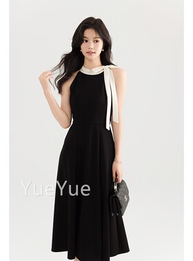 【么宁】色雅挂脖优系带设计小黑裙夏季法式中长款腰无H10393袖拼