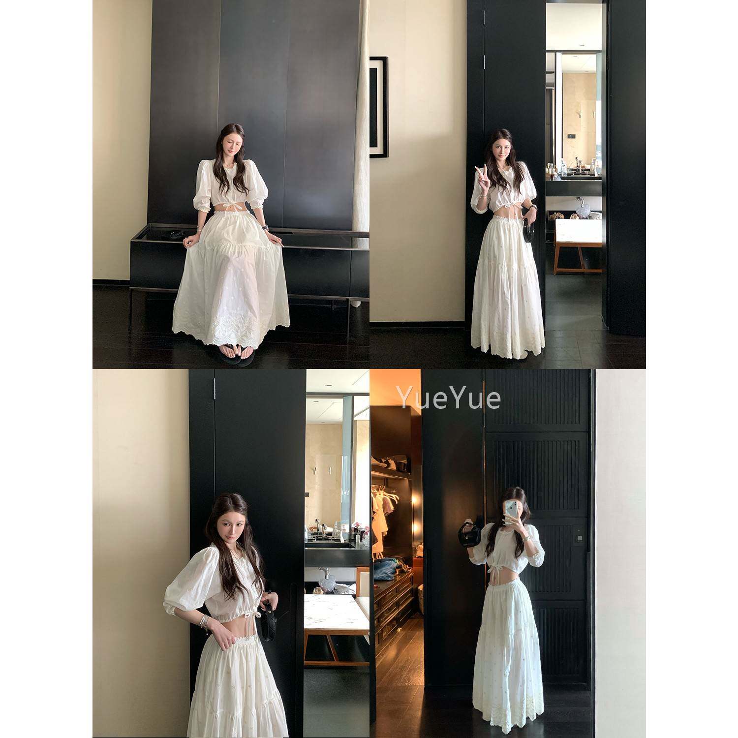 Skk S26S365Sto式re 薄荷波 定制刺曼绣法碎花花瓣袖上衣A字半套