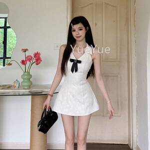 纯法式气质小香风蝴蝶无袖5902挂脖连衣裙女夏欲辣妹收结瘦腰显短