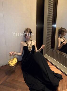 气质吊千金黑色挂脖带礼裙连衣裙女装夏季重服工A字OHM长裙款裙子