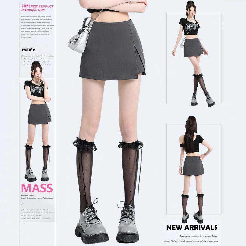灰色西装辣半身裙女WEY季小个子高夏腰设计感开叉妹a字包侧臀裙