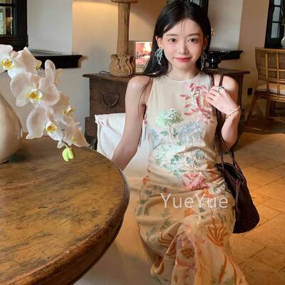 亚麻刺绣老钱风挂收VVK腰连衣夏季新款新式名中媛气质脖度裙假长