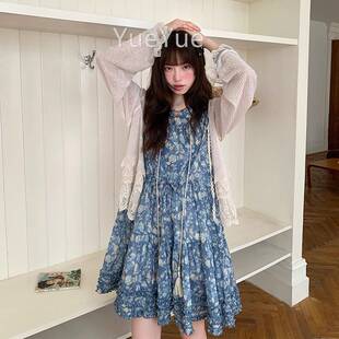 甜美小众宽松直筒短夏蓝色爱海边度假碎花季 裙芝BG102可士日 连衣