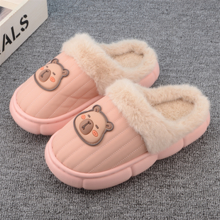 可爱小熊皮面防水棉拖鞋儿童冬季加绒保暖防滑软底居家鞋中大童款