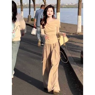 夏季精致穿搭一整套女纯欲风斜肩上衣阔腿裤裙两件套爆款时尚轻奢