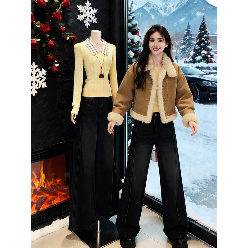 高腰加绒微喇牛仔裤女秋冬2026新款垂感显瘦小众设计感百搭喇叭裤