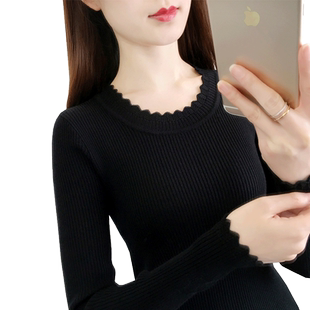 黑色打底衫女洋气春秋季内搭修身薄款毛衣短款长袖上衣圆领针织衫