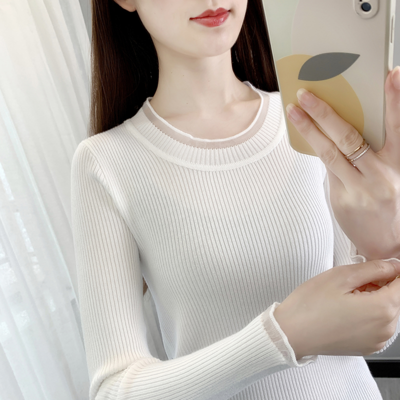 洋气打底衫女秋装新款圆领针织衫长袖上衣修身内搭春秋季薄款毛衣