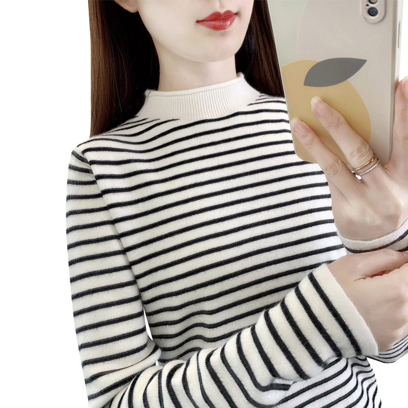 璐蔻中领条纹长袖针织衫打底衫女