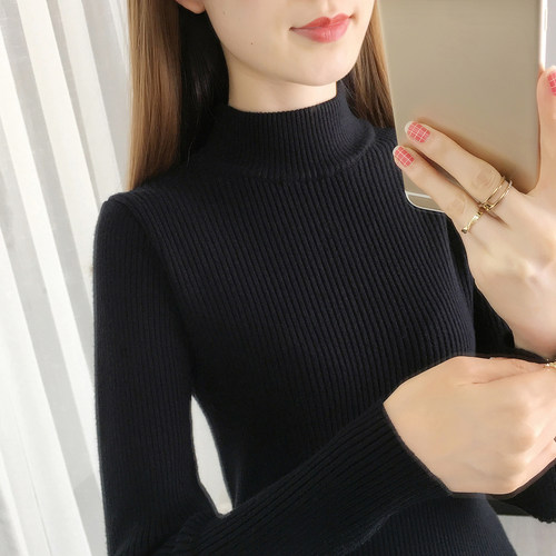 璐蔻修身半高领毛衣打底衫女长袖