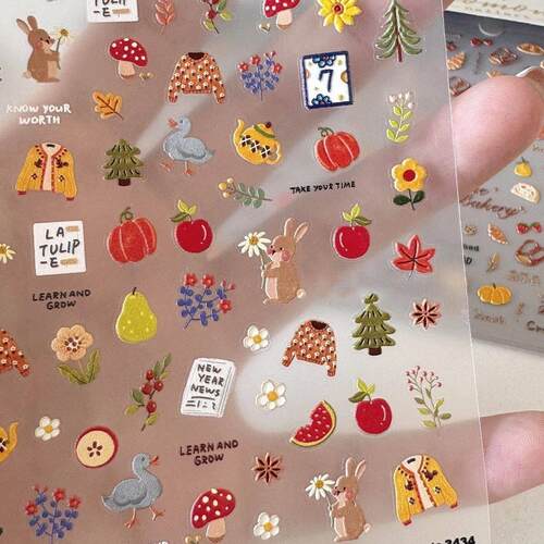 雕美甲贴纸秋日涂浮纸鸦花可爱3无品牌/d指甲贴美拉德小兔野餐面