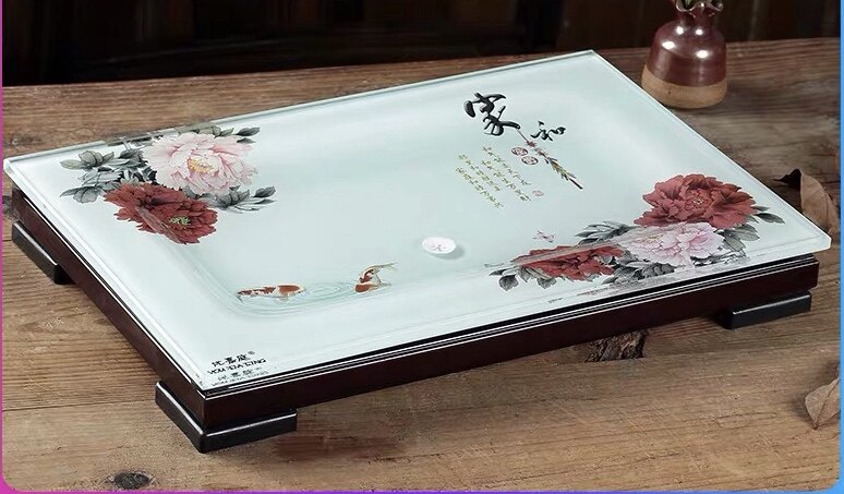 钢化玻璃功夫托盘茶具实木底座