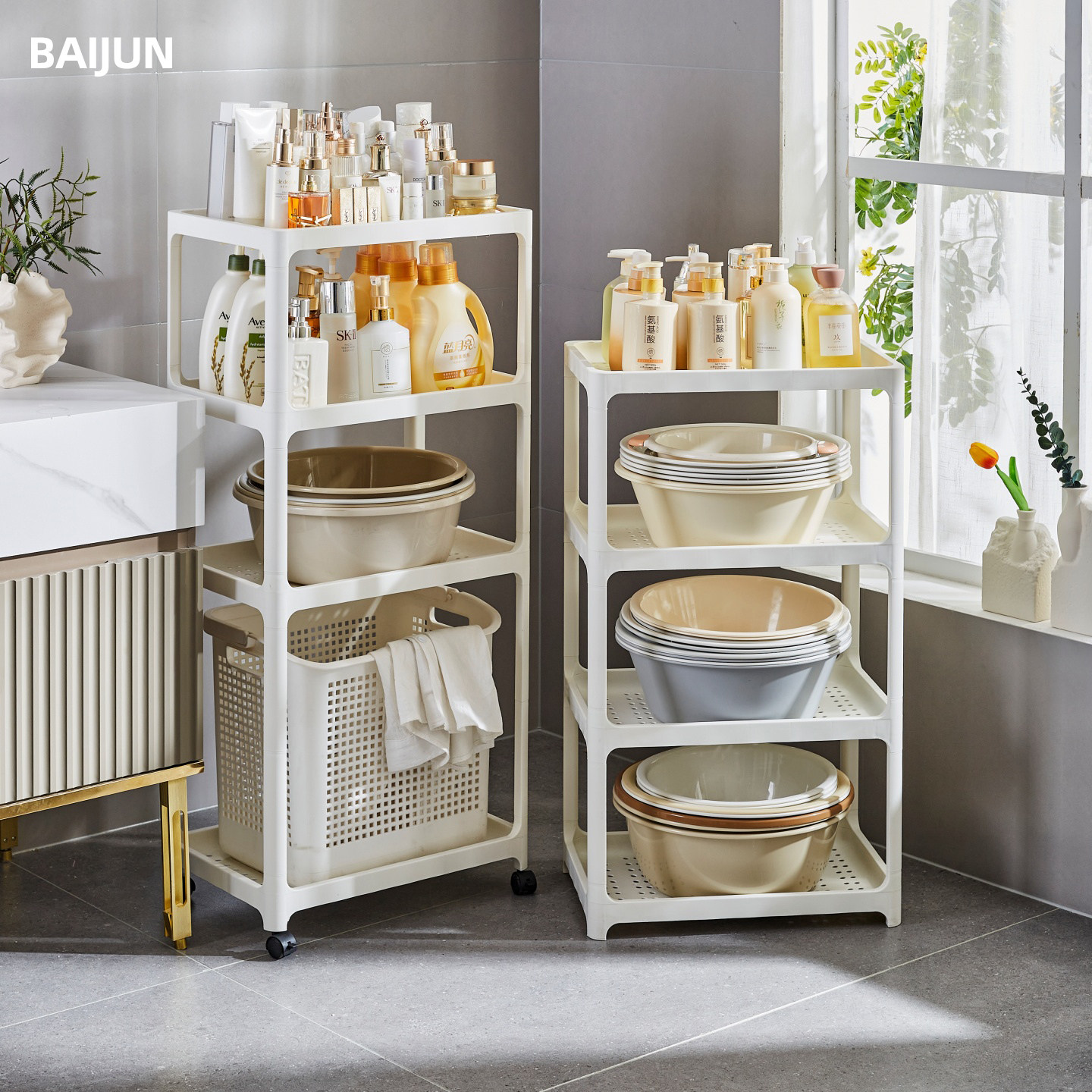 浴室置物架卫生间脸盆架多层塑料落地厕所洗衣机液水桶收纳架带轮