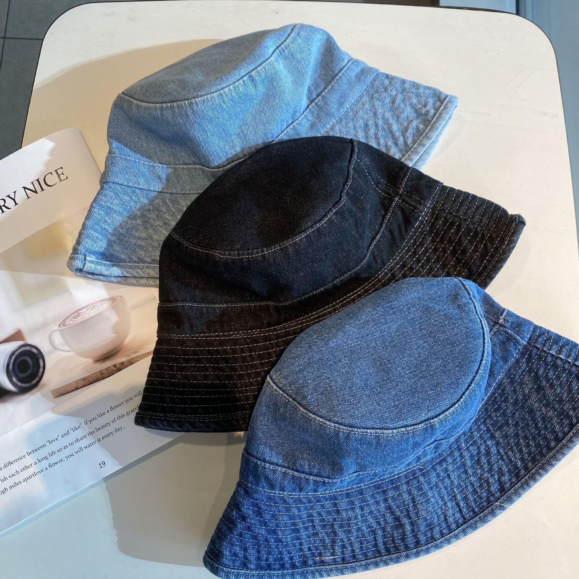 日系水洗牛仔渔夫帽女遮阳帽新款时尚百搭水桶帽显脸小情侣盆帽