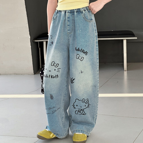 女童春秋2026KT猫烫钻阔腿牛仔裤