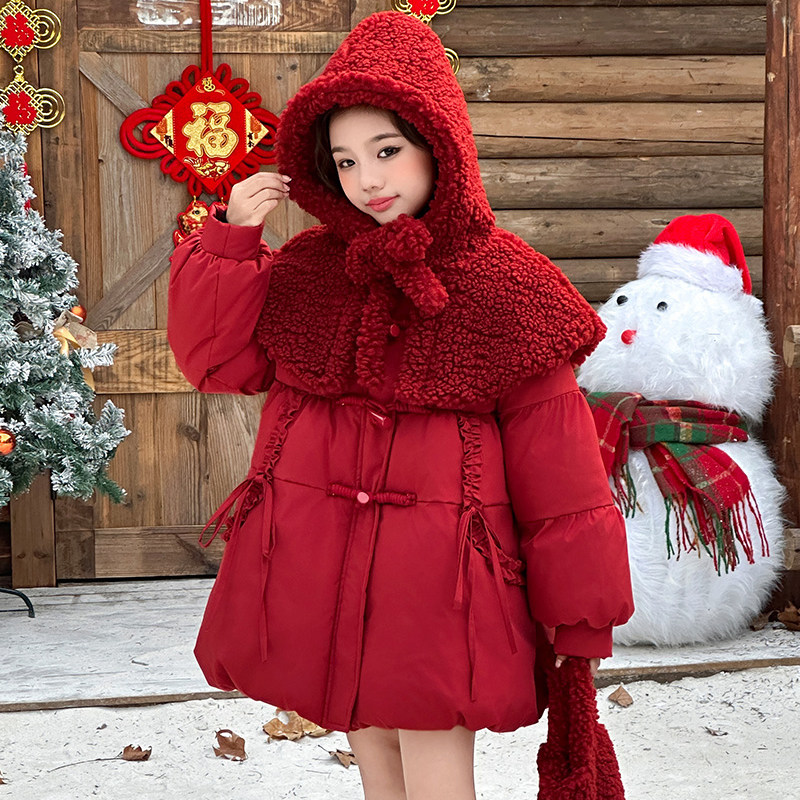 女童冬季红色棉服2025新款