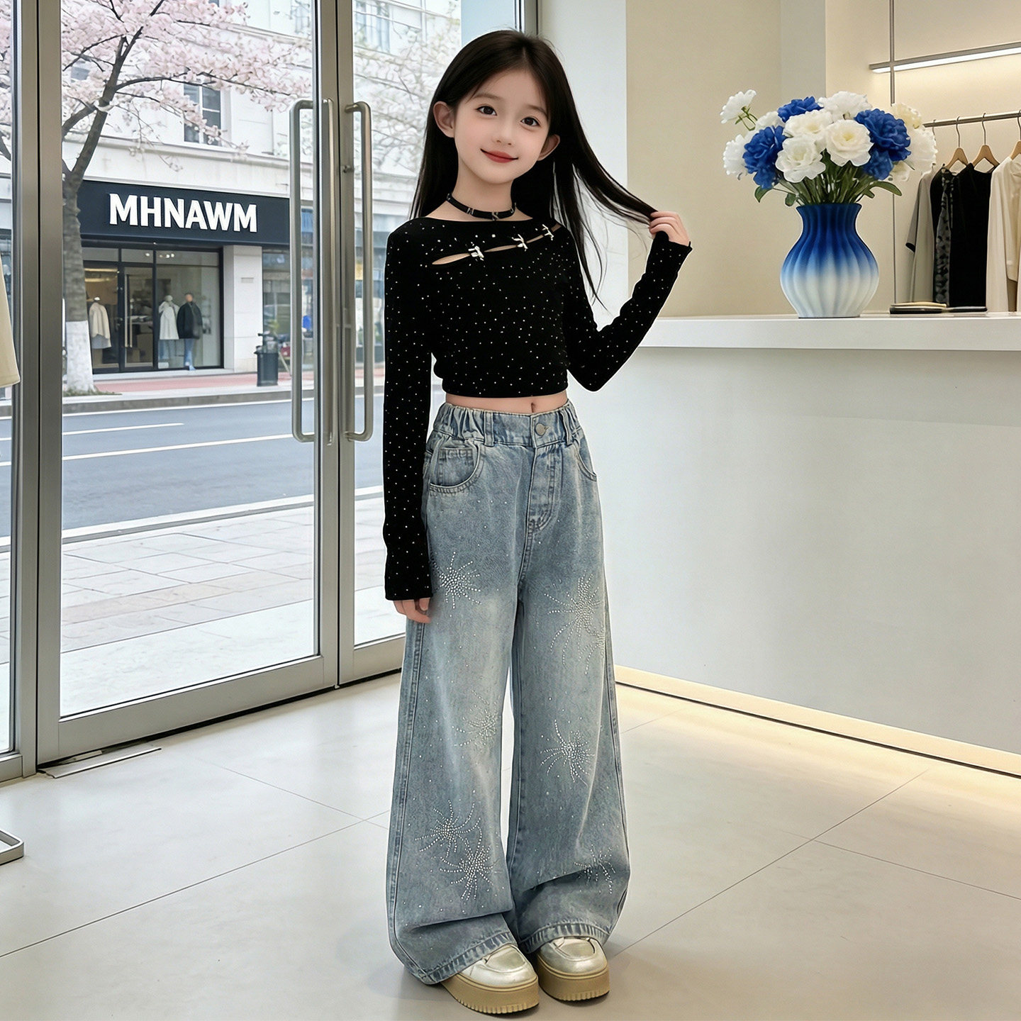 女童2026春秋新款烫钻阔腿牛仔裤