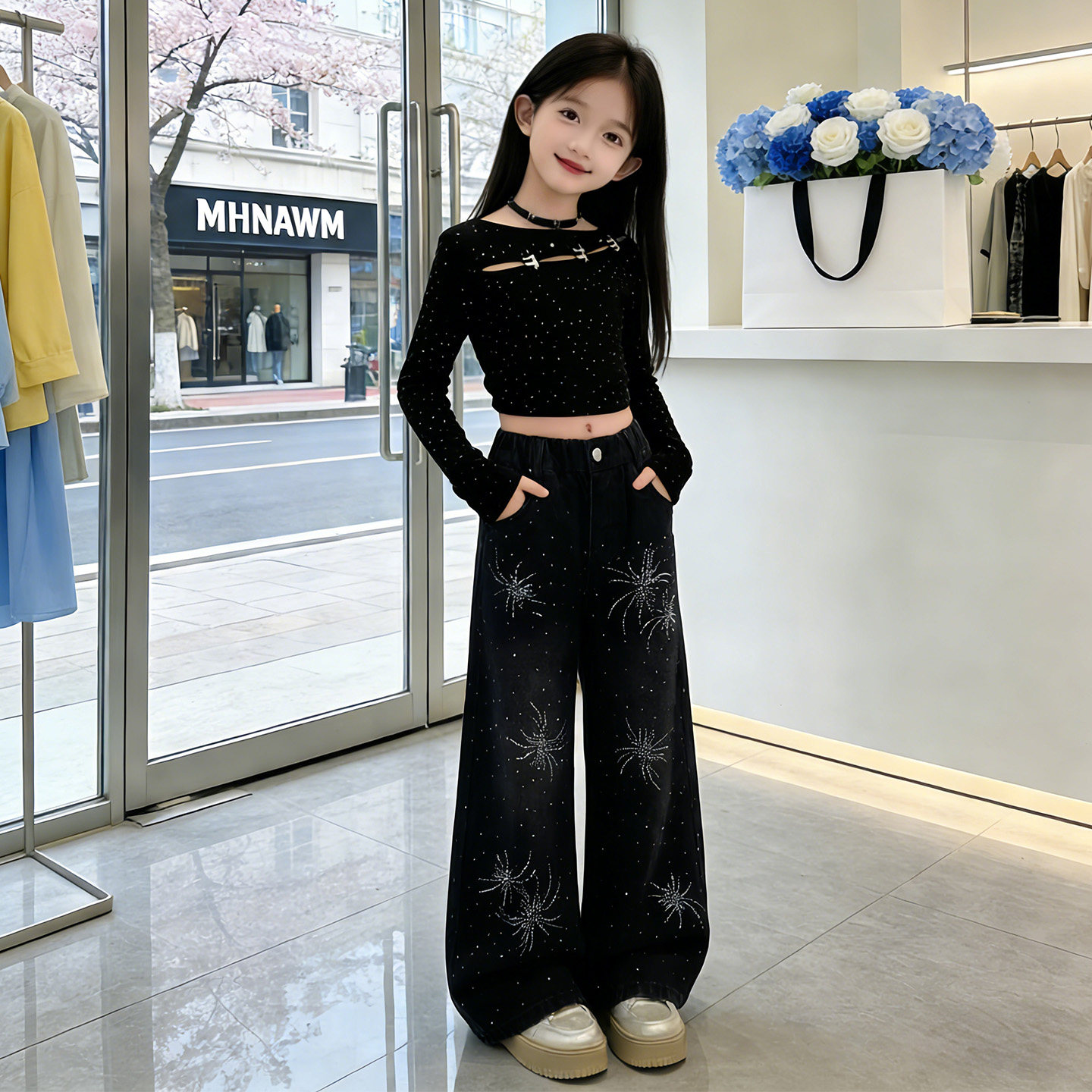 女童春秋2026新款烫钻牛仔阔腿裤