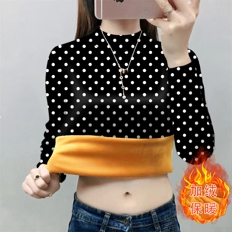 中年妈妈2025秋冬装加绒T恤女波点冬季一体绒打底衫奶奶保暖上衣