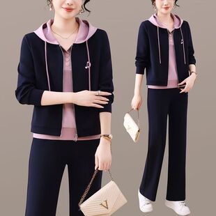 宽松运动套装妈妈春秋新款减龄洋气时尚女士带帽假两件卫衣两件套