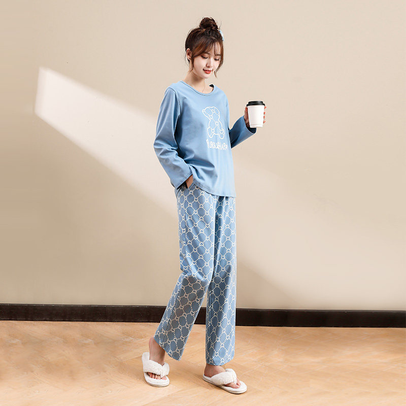 睡衣女款2026新款春秋季纯棉长袖针织全棉简约套头家居服两件套装