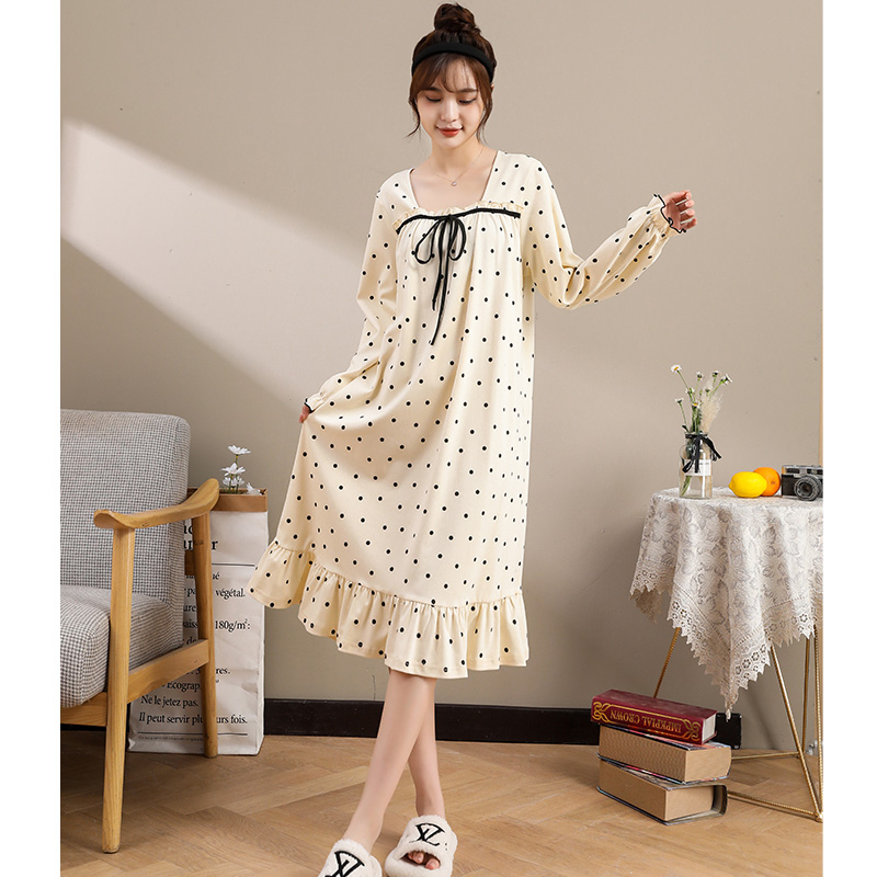 睡裙女款春秋季针织纯棉法式公主风中长款长袖宽松大码秋冬睡衣裙