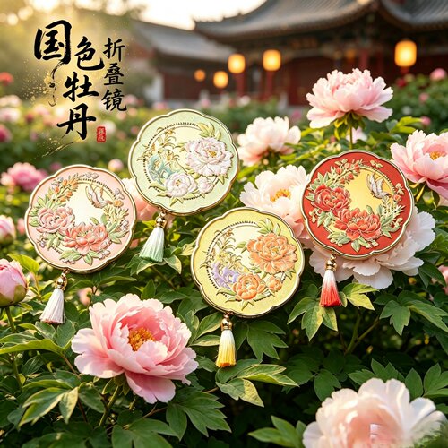 故宫中国色牡丹折叠随身镜中国古典复古手持镜旅游纪念品伴手礼品