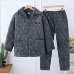 冬天穿睡衣男冬加绒加厚珊瑚绒三层夹棉中老年宽松保暖套家居套装