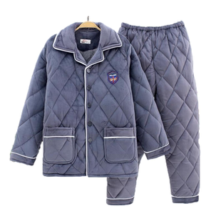 男士睡衣冬棉质三层加厚珊瑚绒里料带绒翻领保暖宽松中老年家居服