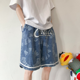 XZ707-KZ0246+批45+限58夏季百搭宽松直筒印花牛仔短裤五分裤，男装牛仔裤，星座707