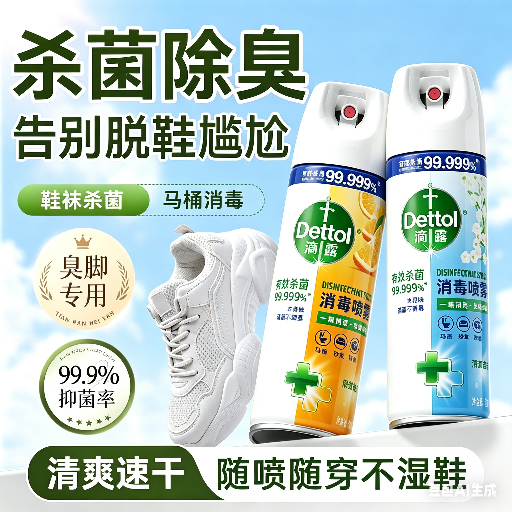 滴露消毒喷雾除臭鞋子杀菌除脚气喷雾剂卫生间去异味神器官方正品