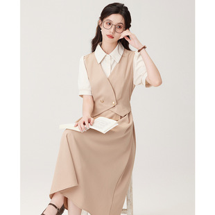 教资教师面试服装穿搭裙子女夏文艺气质正式场合假两件衬衫连衣裙