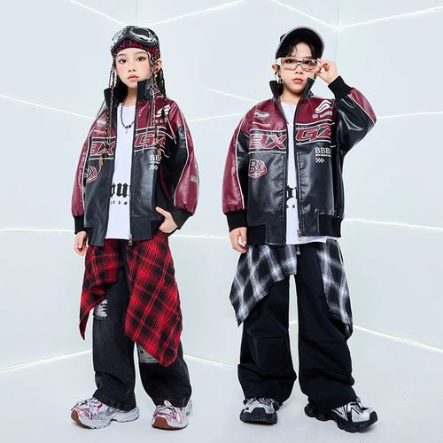 儿童街舞演出服爵士舞套装字母皮衣外套男童潮服少儿hiphop嘻哈女