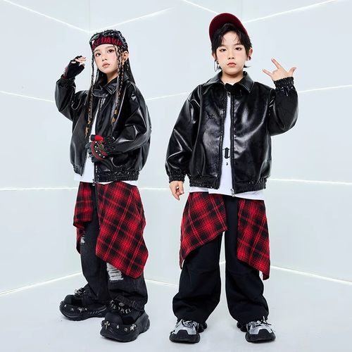 儿童街舞演出服爵士舞套装黑色皮衣外套男童潮服少儿hiphop嘻哈女
