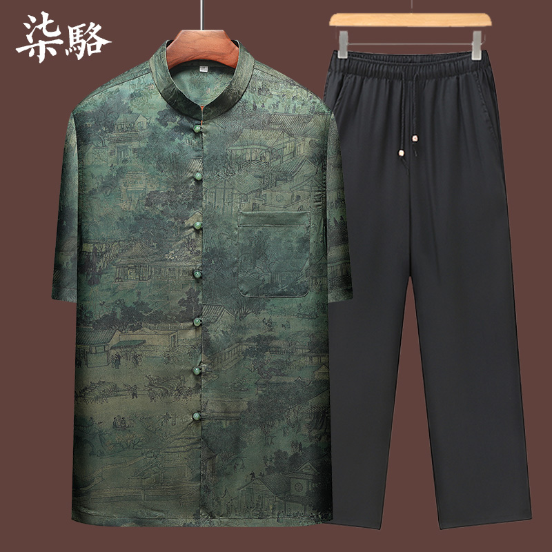 唐装男短袖套装桑蚕丝中老年人真丝绸爸爸夏装中式衣服衬衫男装夏