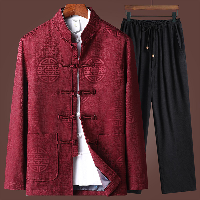 爸爸春秋装唐装男士中老年套装中国风爷爷装过寿加绒外套老人衣服