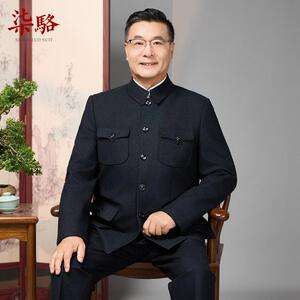 高端毛呢中山装男士套装中老年人爸爸秋冬季中式礼服男爷爷中山服