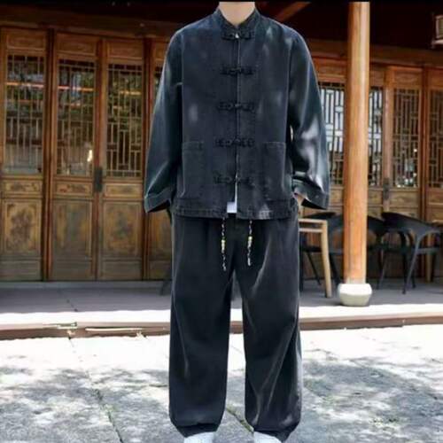 新中式国潮水洗做旧牛仔夹克民族复古立领盘扣宽松外套唐装男秋款