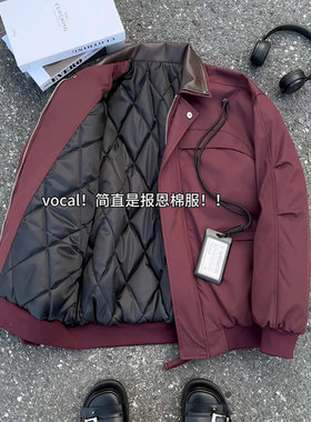 酒红色男士外套冬季美式飞行夹克棉服加厚保暖解构设计感工装上衣
